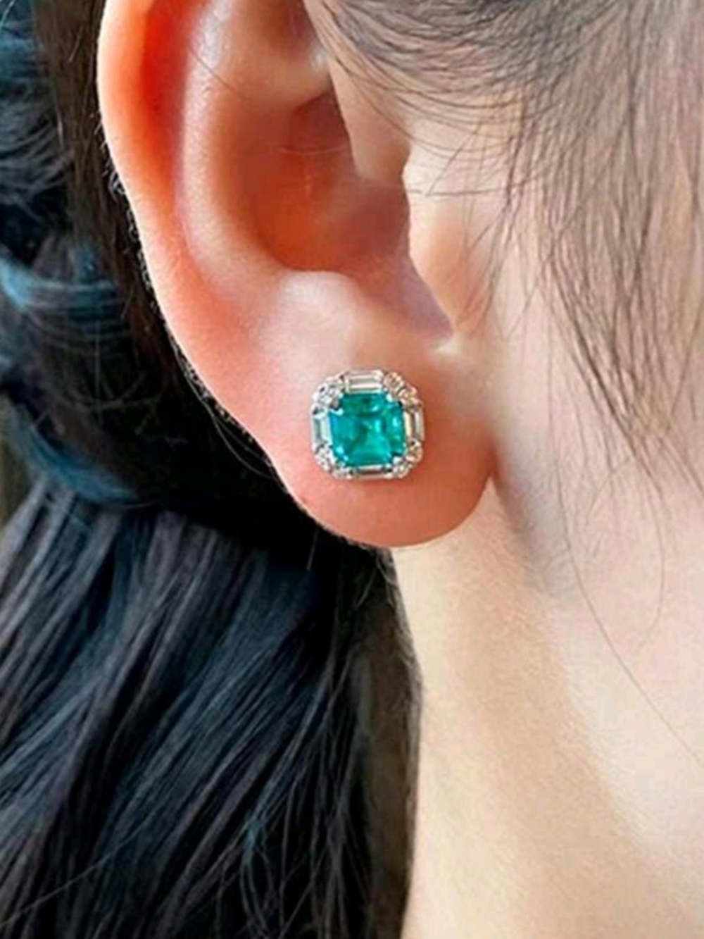 White Rhodium Emerald Green Tourmaline Halo Stud Earrings